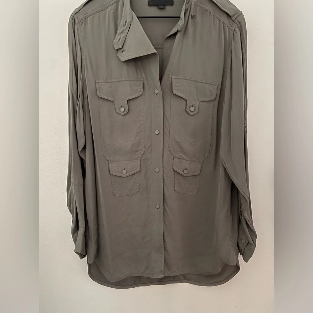 Alexander Wang 100% Silk Button Up Shirt / Tunic In Army /Olive Green Size 10 - Picture 4 of 16